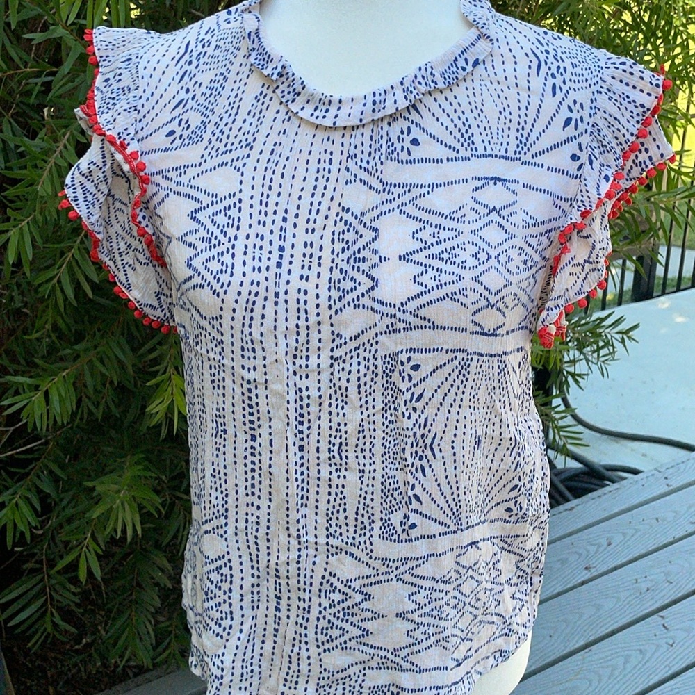 THML Blue and White Patterned Top with Red Accents